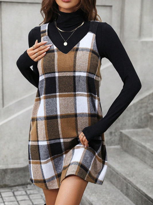 Plaid V-Neck Wide Strap Tank Dress