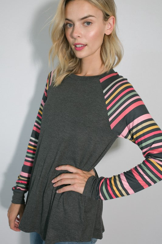 PLUS MULTI STRIPE PRINT AND SOLID MIXED CASUAL TOP