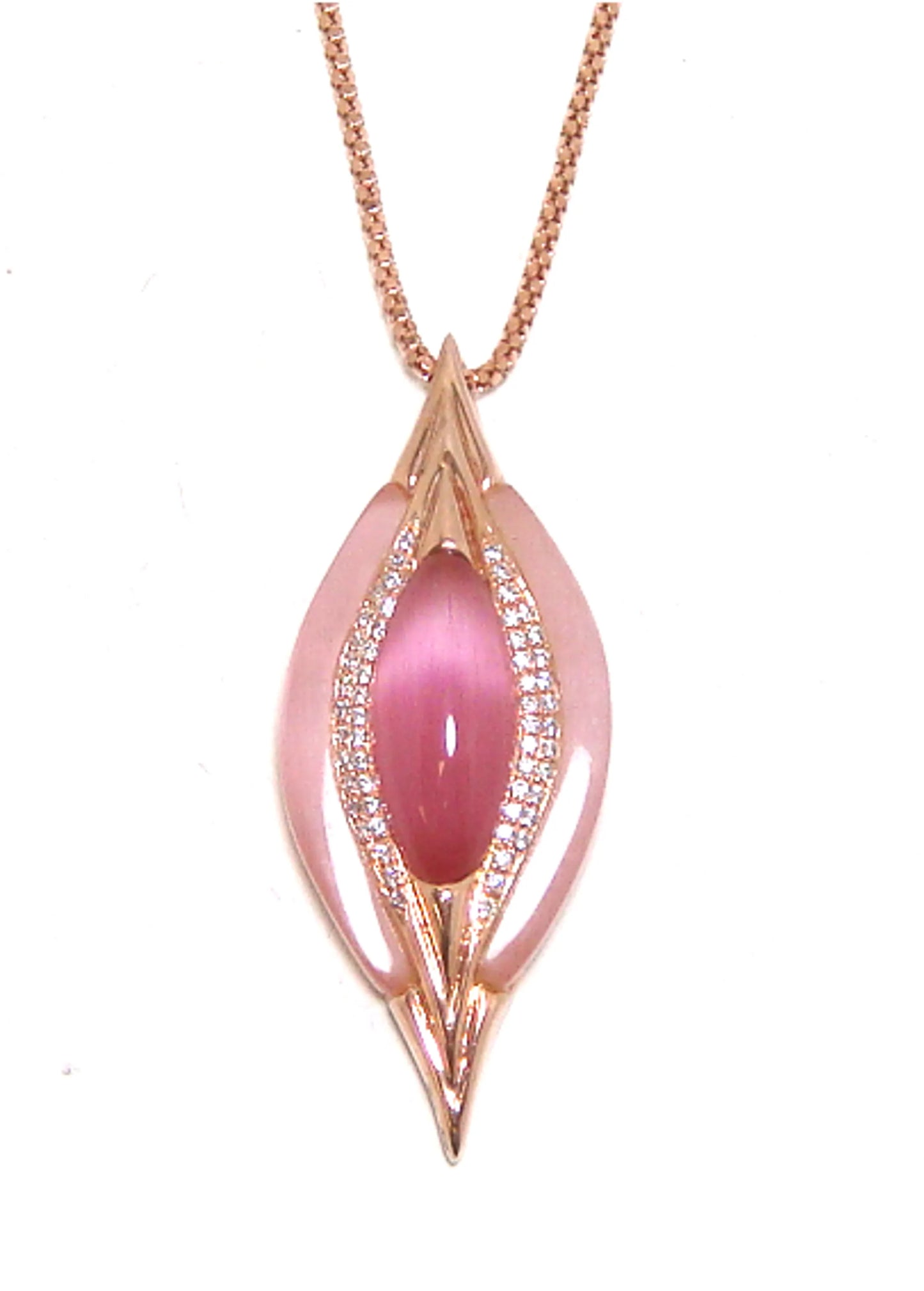 925 Sterling Silver Pink Cat's Eye Quartz Drop Pendant, Rose Gold