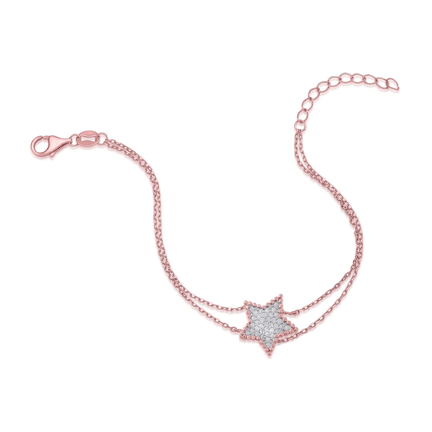 MASSETE Sterling Silver 925 Rose Gold Plated Star Beaded Pave CZ Bracelet Double Cable Chain