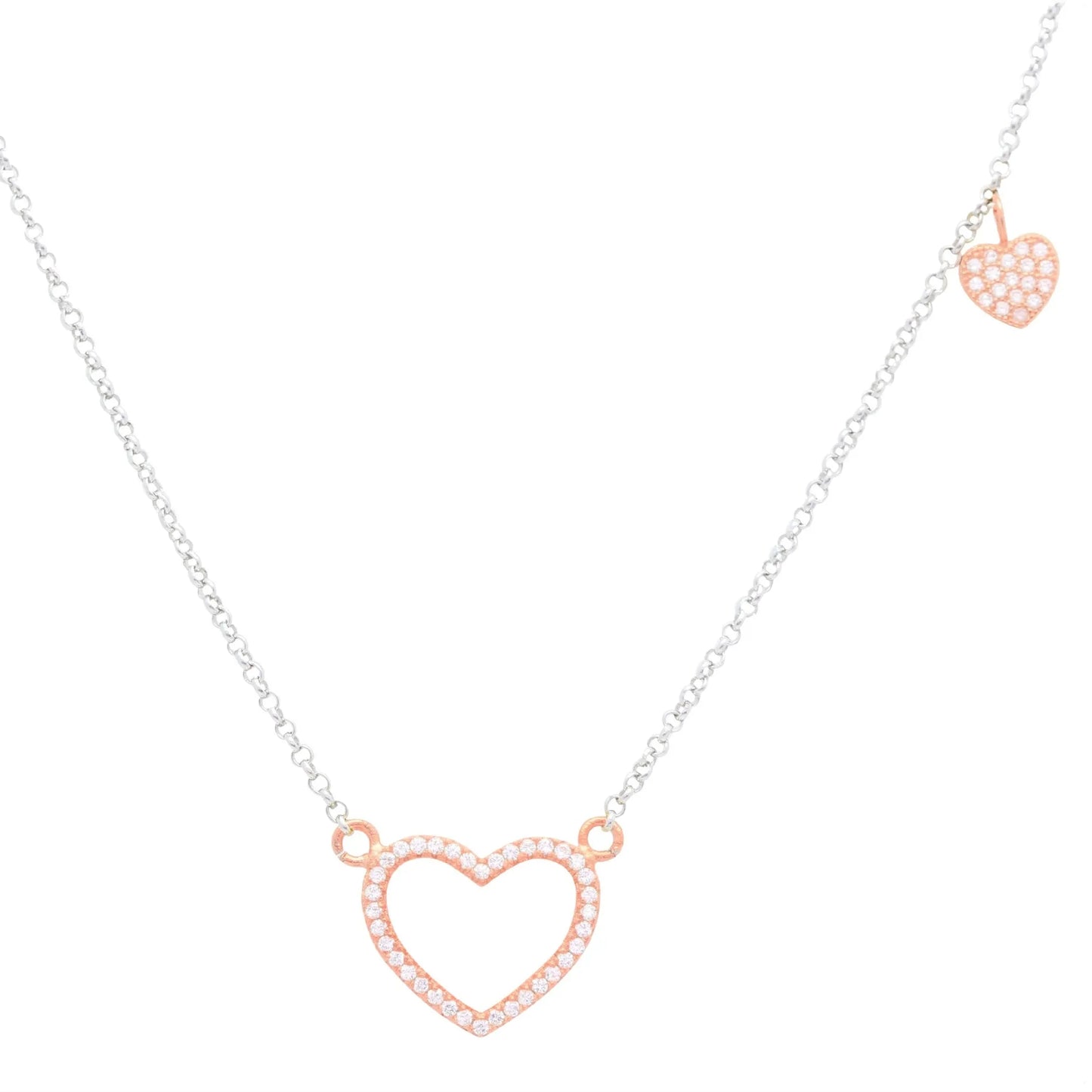 Sterling Silver 925 Open Heart Necklace Pendant Girls Teens Cubic Zirconia Strong Rolo Chain Italy