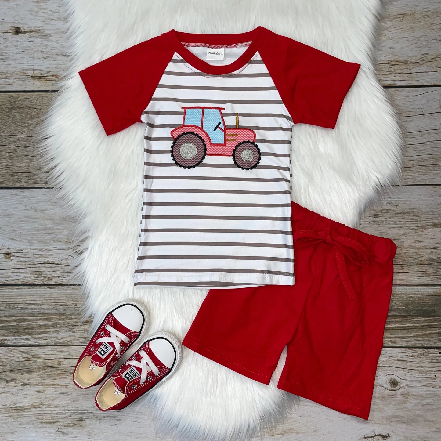 Embroidered Tractor Raglan and Short Set