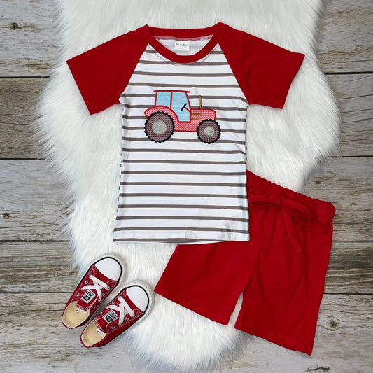 Embroidered Tractor Raglan and Short Set