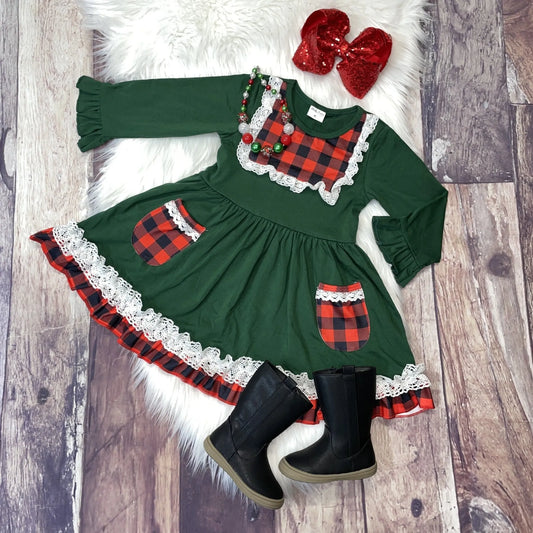 Lace Trim Pocket Dress with Buffalo Plaid Accents