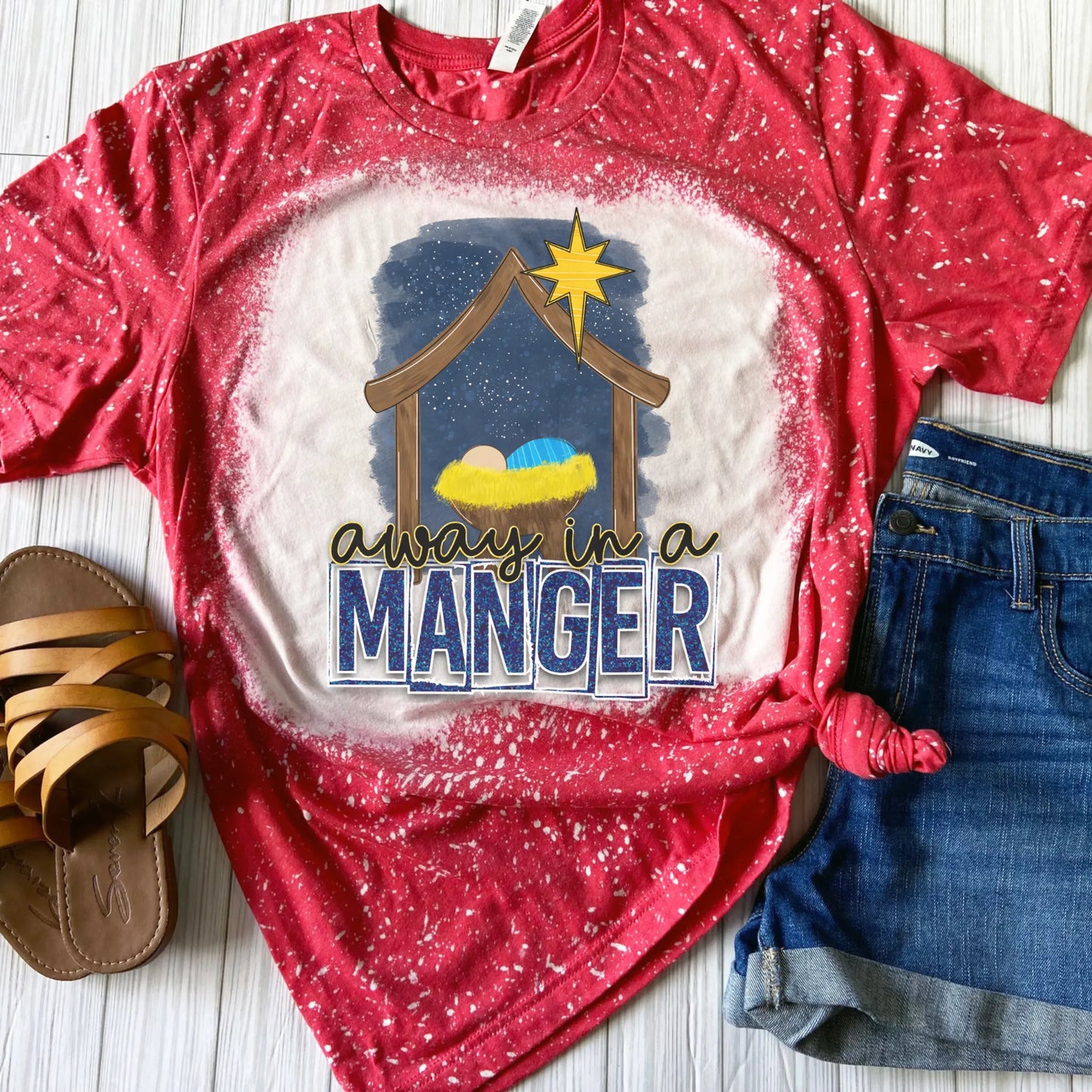 Away In A Manger Bleached Shirt - Red Christmas