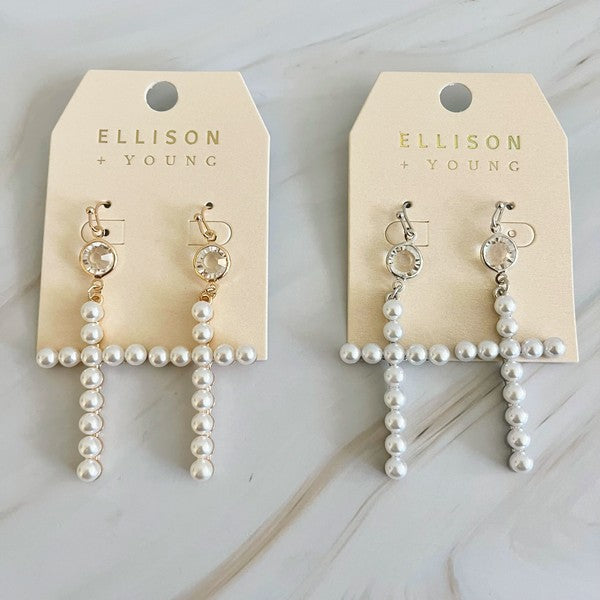 Pearl Cross Dangle Earrings