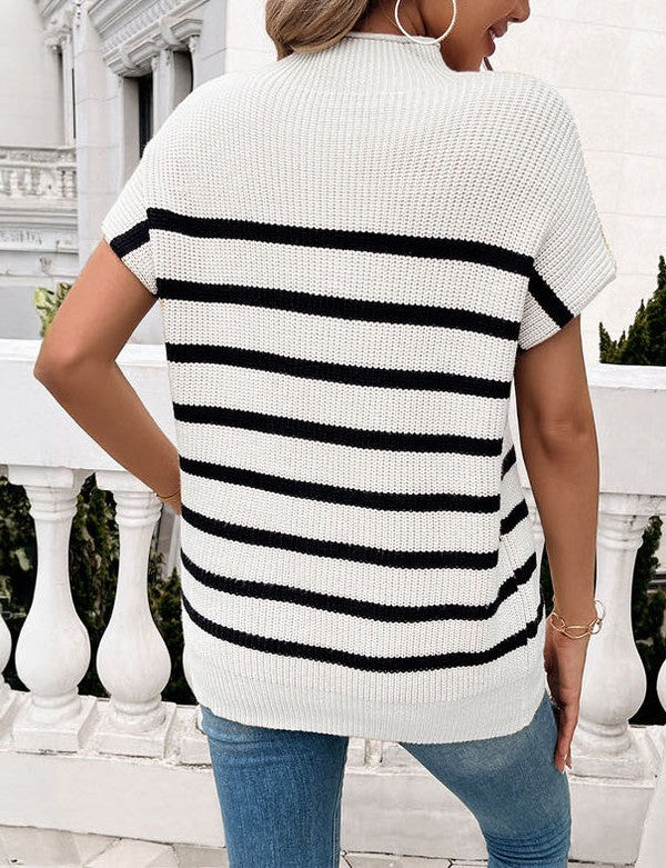 Striped rib knit short sleeve top