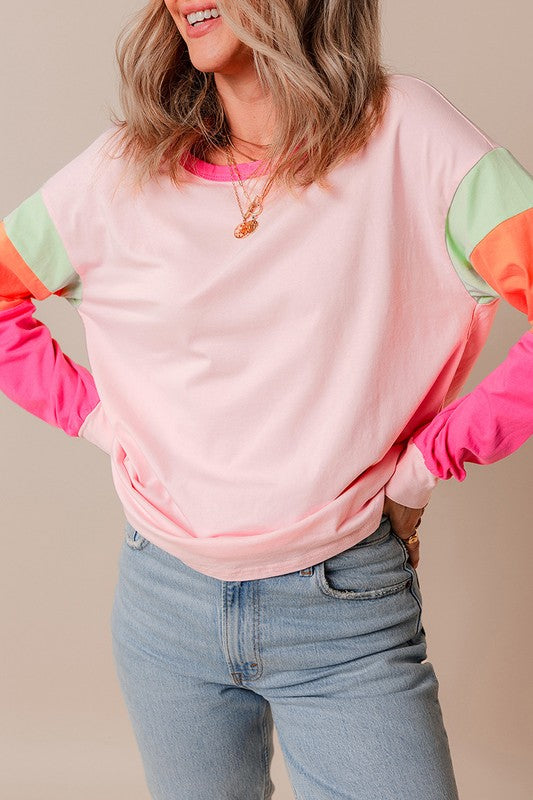 Women Colorblock Patchwork Long Sleeve Loose Top