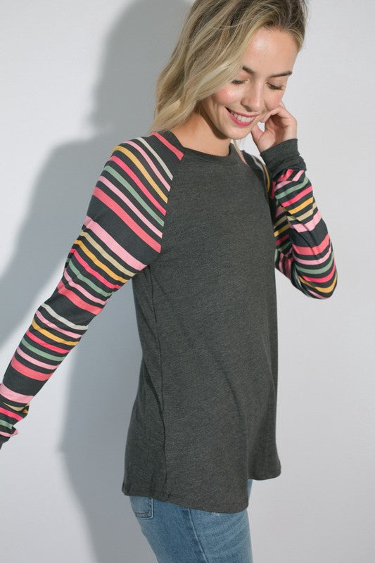 PLUS MULTI STRIPE PRINT AND SOLID MIXED CASUAL TOP