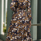 Perfee Printed Notched Long Sleeve Midi Dress