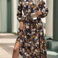 Perfee Printed Notched Long Sleeve Midi Dress