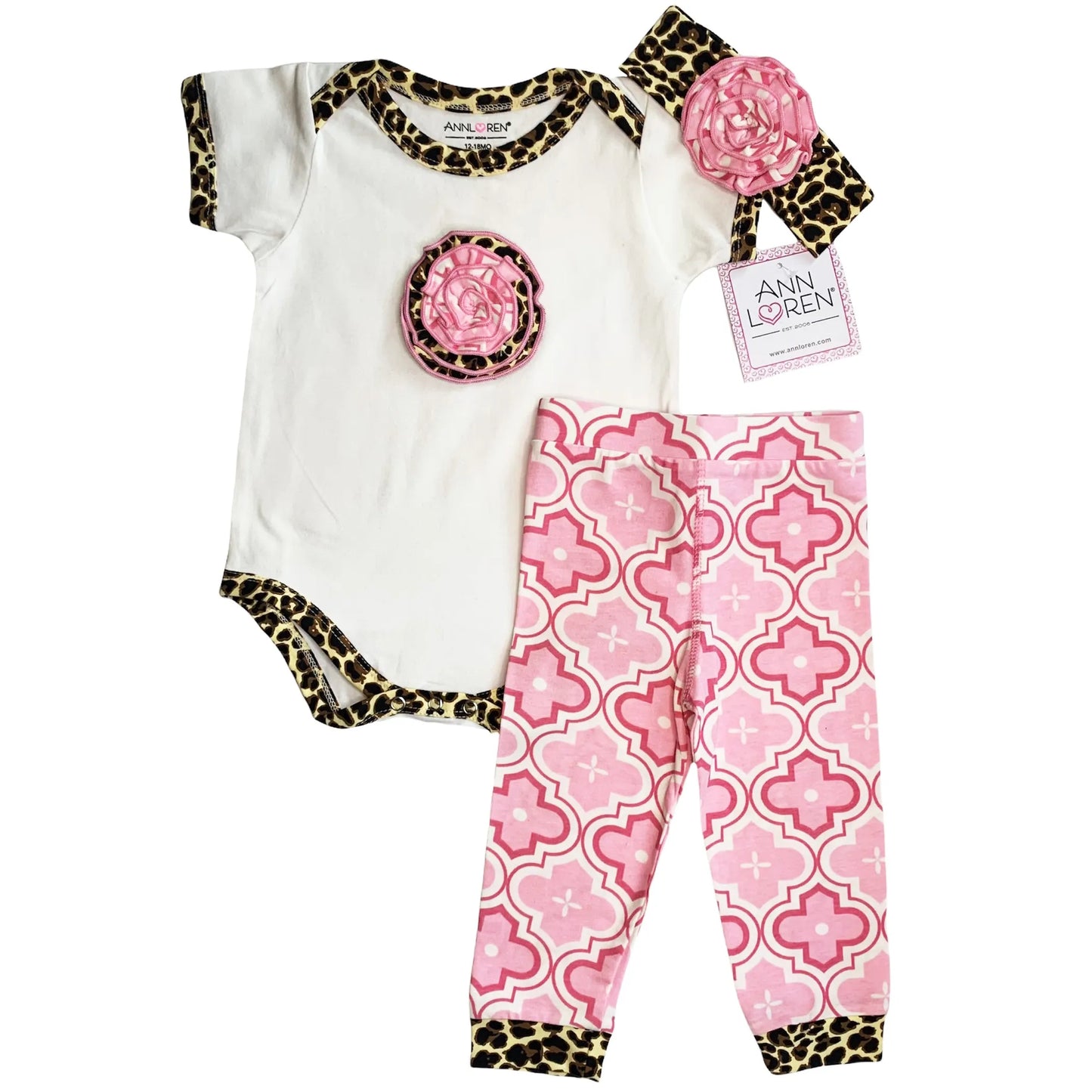 AnnLoren Baby Girls Layette Pink Leopard Onesie Pants Headband 3piece Gift Set Clothing