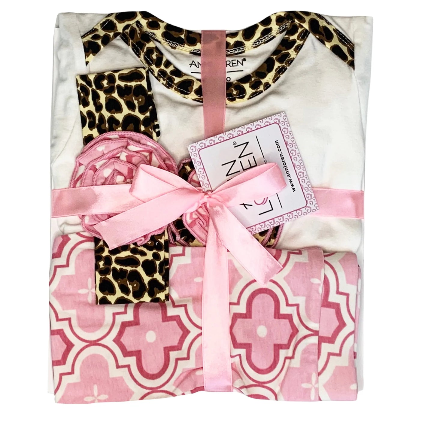 AnnLoren Baby Girls Layette Pink Leopard Onesie Pants Headband 3piece Gift Set Clothing