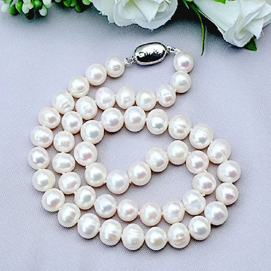 Natural Pearl Necklaces 9-10mm Freshwater Pearl Jewelry 925 Sterling Silver Necklace For Women Engagement Gift