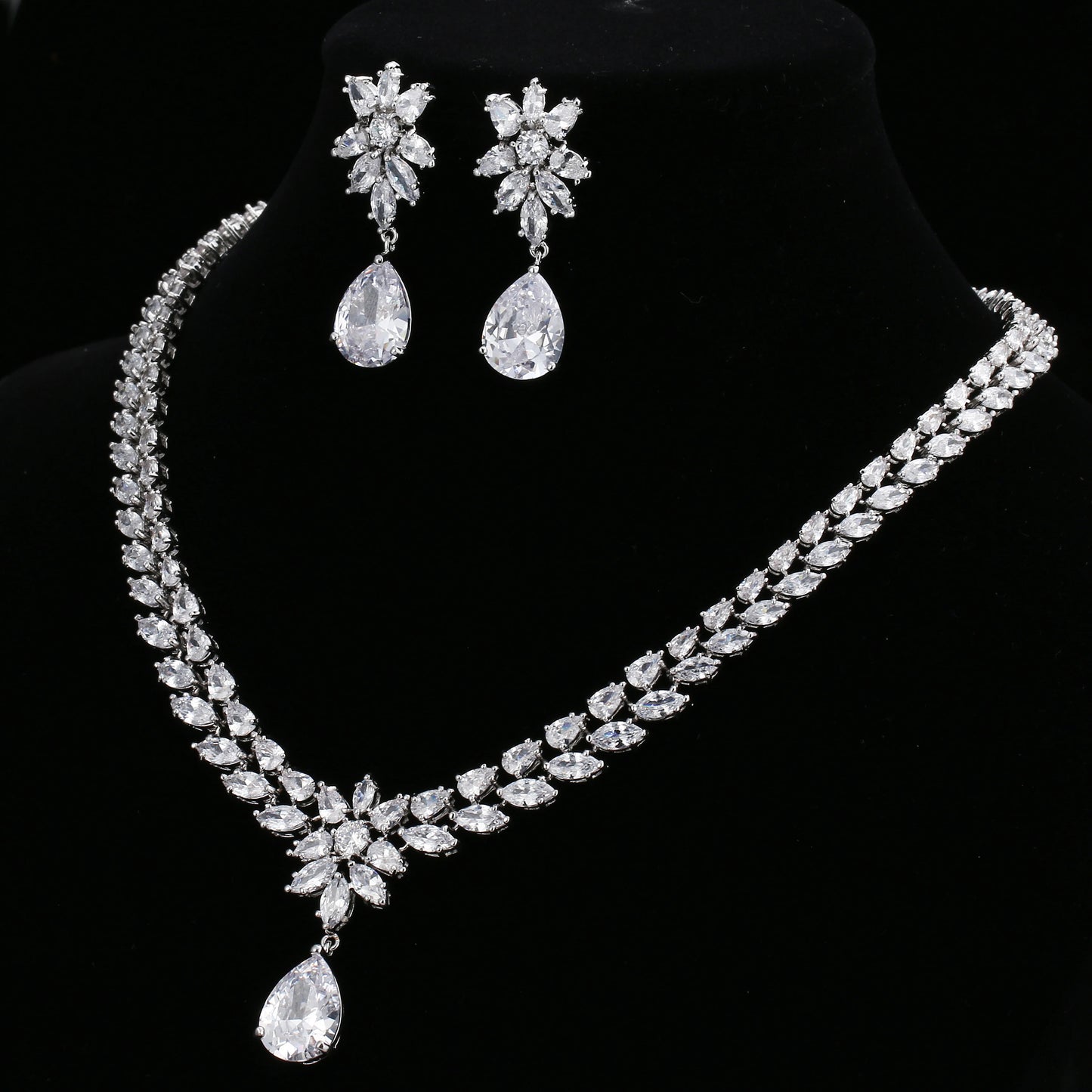 EMMAYA Romantic Trendy  Flower Design Water Drop CZ Wedding Jewelry Sets For Brides Silver-color