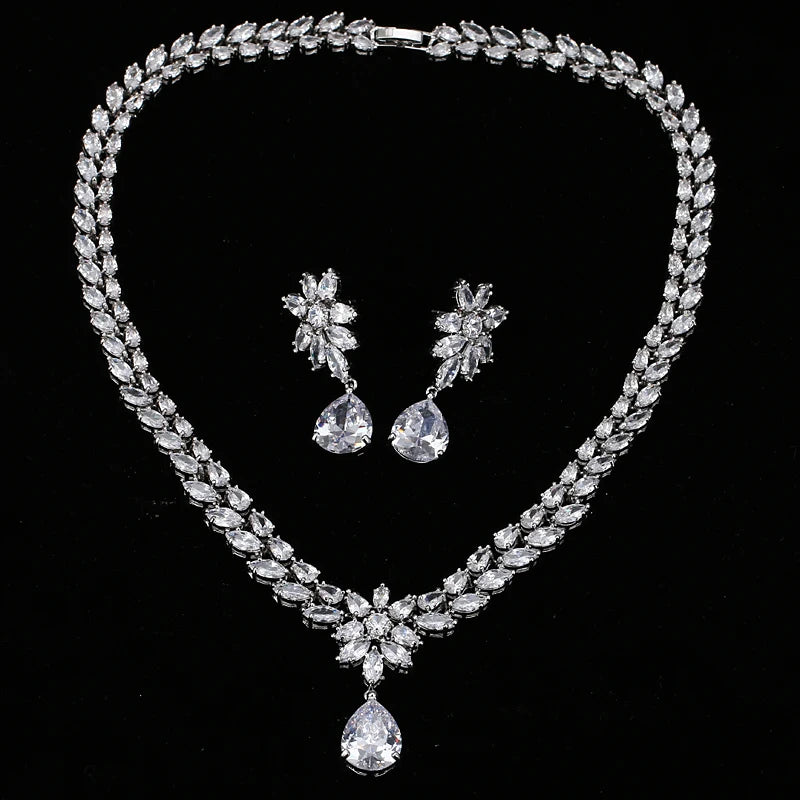 EMMAYA Romantic Trendy  Flower Design Water Drop CZ Wedding Jewelry Sets For Brides Silver-color