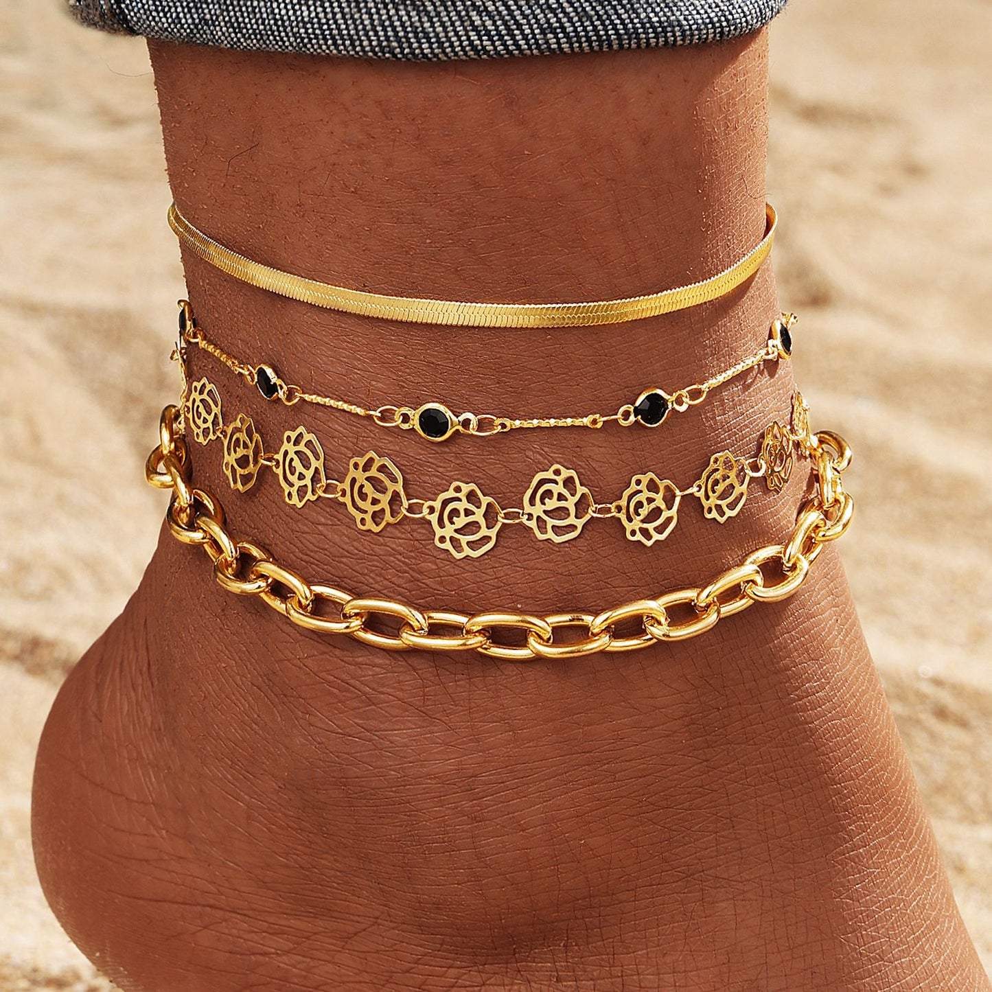 Snake Chain Rose Black Diamond Anklet 4-piece Set