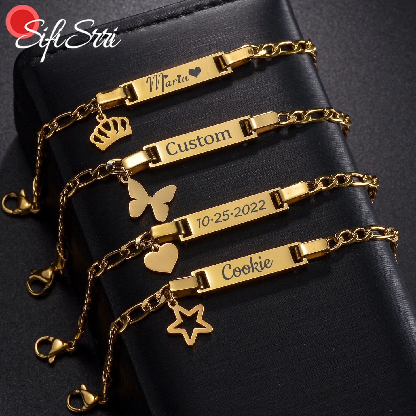 Sifisrri Personalized Custom Baby Name Bracelet Heart Butterfly Stainless Steel For Boy Girl Engrave Letter Date Jewelry Gift