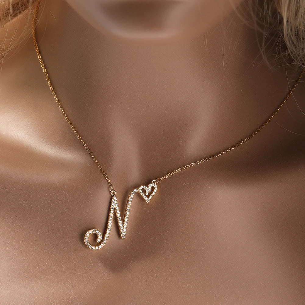 UWIN Initial Cursive Letters with Heart Pendant Necklaces Iced Out Initial Necklace Fashion Jewelry Collier Lettre