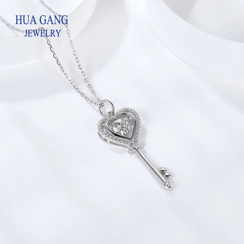 Fashionable 925 sterling silver key shaped pendant Moissanite necklace collarbone chain women's wedding fashion jewelry