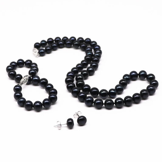 Natural Pearl Necklace Sets Bracelet Earrings Wedding Jewelry For Bride Real Black Freshwater Making Near Round Beads Choker Top