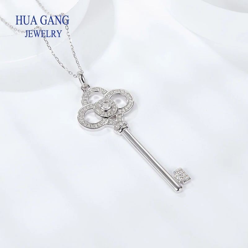 Fashionable 925 sterling silver key shaped pendant Moissanite necklace collarbone chain women's wedding fashion jewelry