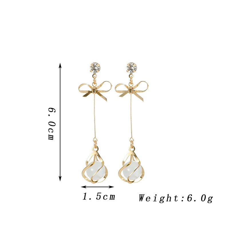 Trendy Metal Frame Dangle Opal Earrings for Women Golden Rhinestones Bow Knot Drop Earrings Wedding Party Long Jewelry Gift