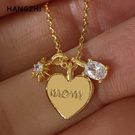 HangZhi Zircon Heart Letter Stainless Steel Pendant Necklace for Women Charm Mother's Day Jewelry Gifts 2023 New Trendy