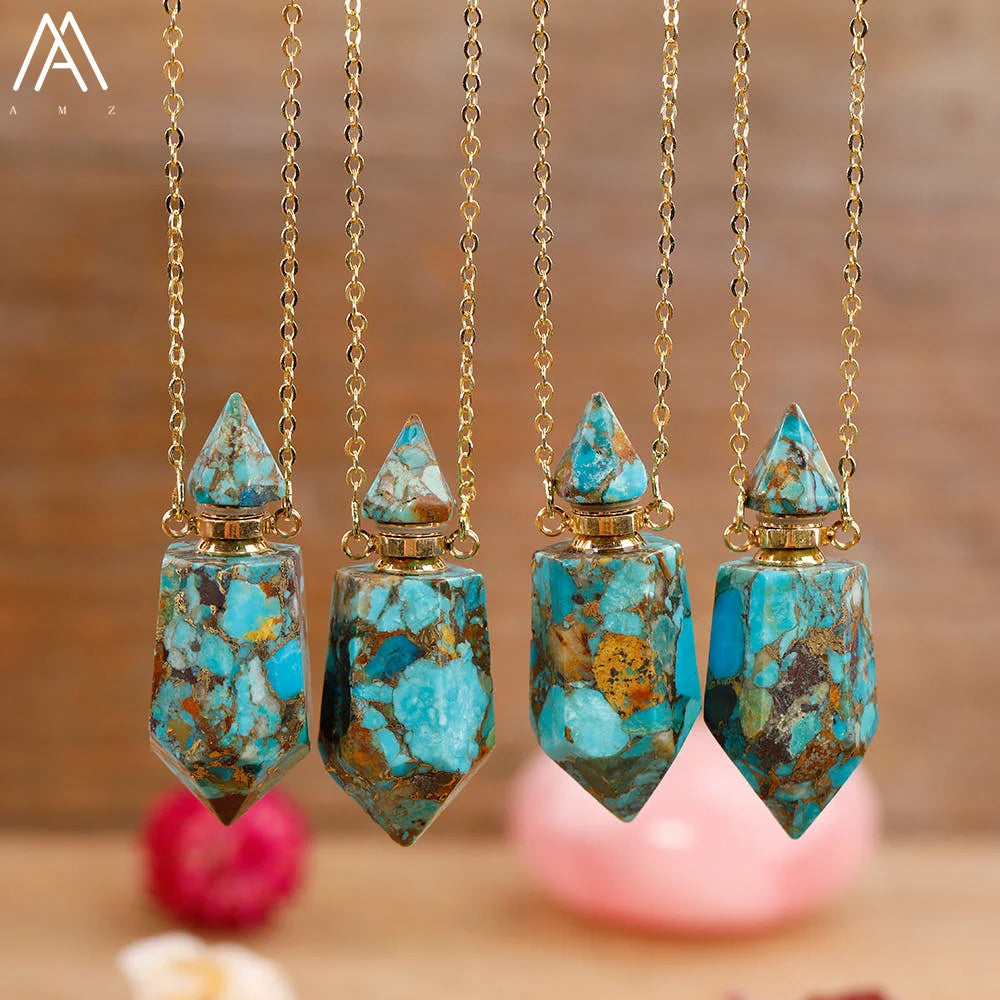 Fashion Women Gold Line Turquoises Stone Perfume Bottle Diffuser Pendant Necklace Craft Birthday Jewelry Gifts Dropship