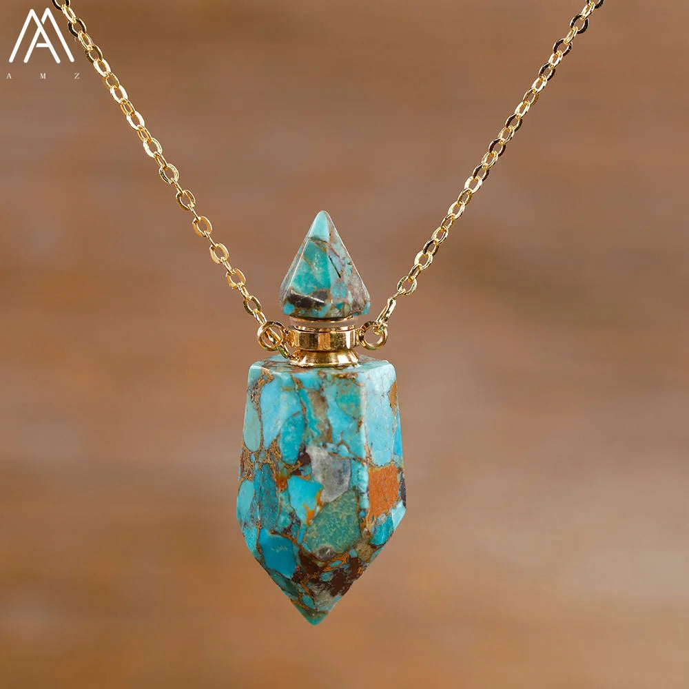 Fashion Women Gold Line Turquoises Stone Perfume Bottle Diffuser Pendant Necklace Craft Birthday Jewelry Gifts Dropship