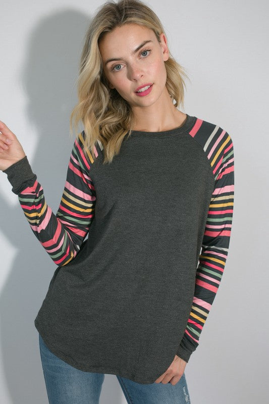 PLUS MULTI STRIPE PRINT AND SOLID MIXED CASUAL TOP