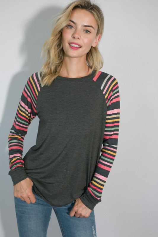 PLUS MULTI STRIPE PRINT AND SOLID MIXED CASUAL TOP