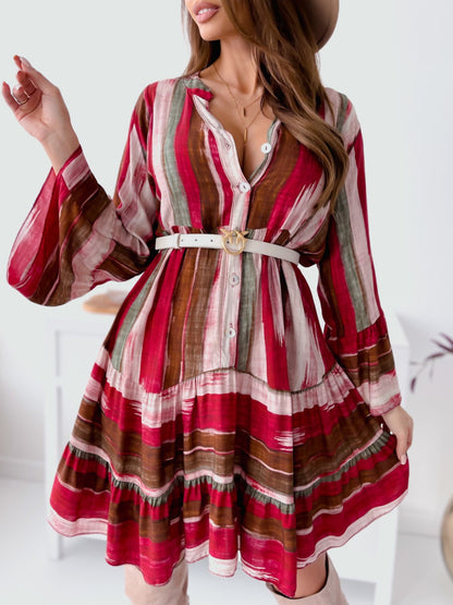 Buttoned Striped Long Sleeve Mini Dress