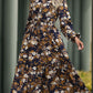 Perfee Printed Notched Long Sleeve Midi Dress