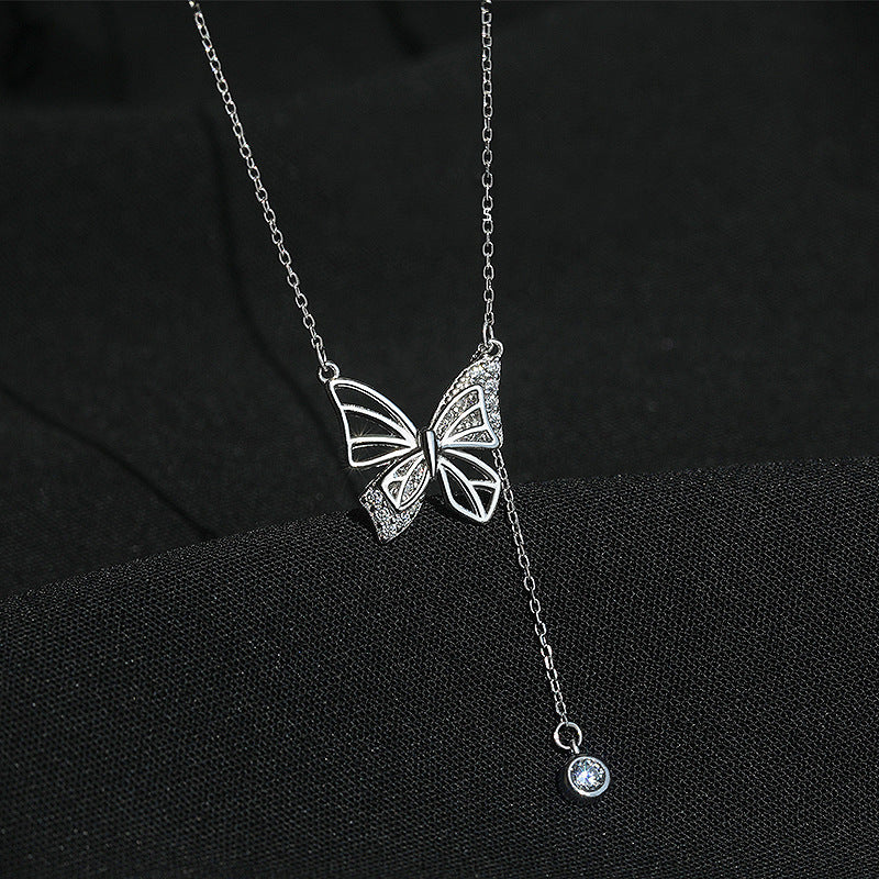 S925 Silver Hollow Butterfly Necklace With Rhinestones Luxury Diamond Tassel Pendant Clavicle Chain Women's Jewelry